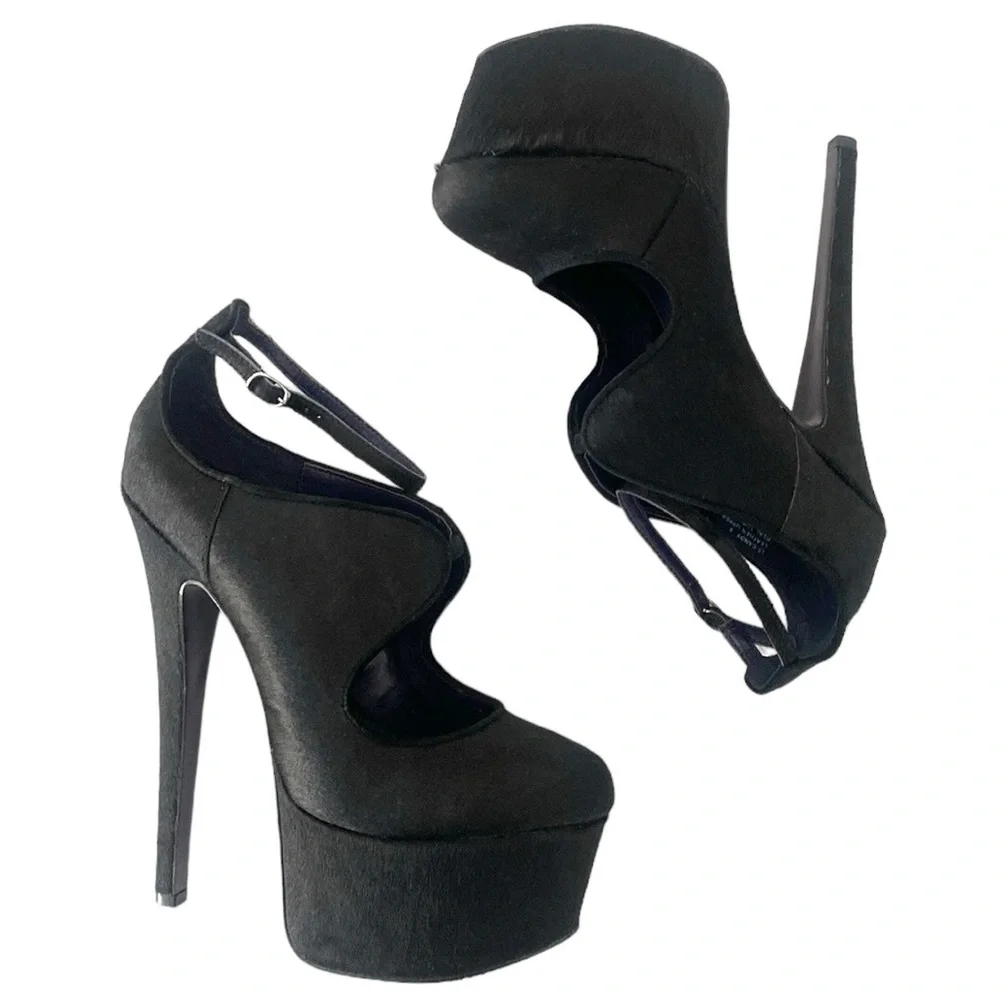 London Trash Candy Black Leather Fur Stiletto Platform Heels